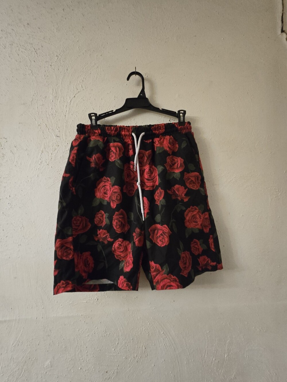 Men's Black Board Shorts with Red Rose Print